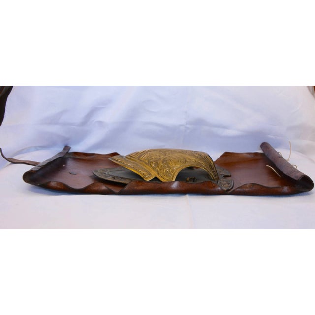 Vintage Bronze Shield on Rustic Leather Scroll Wall Hanging For Sale In Nashville - Image 6 of 10