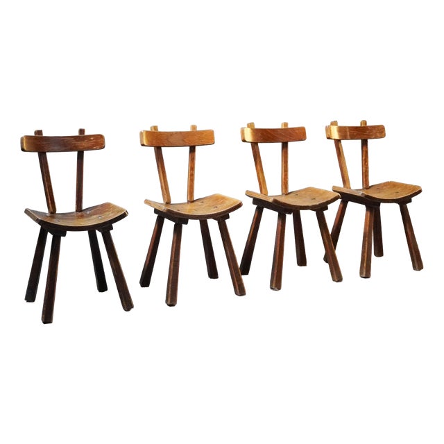 Vintage French Brutalist Wooden Chairs, 1950s, Set of 4 For Sale
