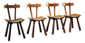 Vintage French Brutalist Wooden Chairs, 1950s, Set of 4