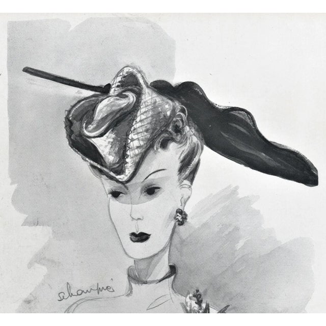 RARE Print-This is a 1939 Art Deco style French fashion print that features a large black quill hat designed by the iconic...