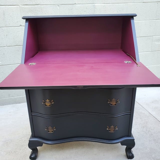 Black 1940s Vintage Secretary Desk Painted Black & Plum For Sale - Image 8 of 12