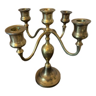 Vintage Brass 5‑Arm Candelabrum – Made in India, Mid‑20th Century For Sale