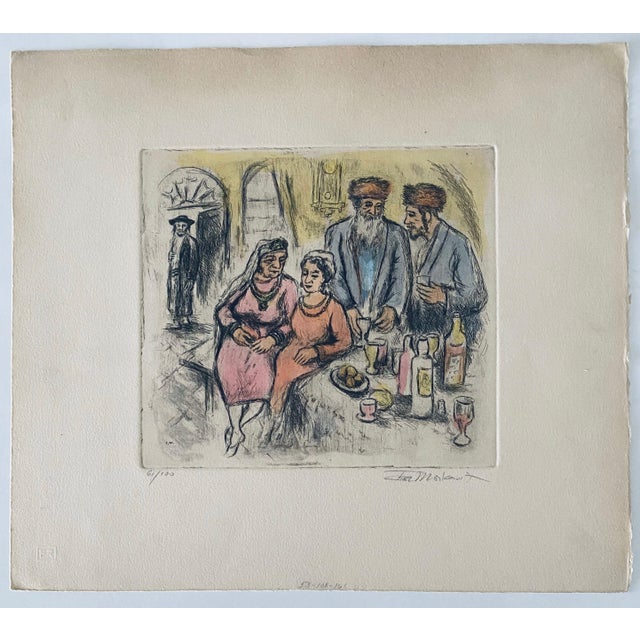 Ira Moskowitz, Judaica interior scene etching with hand coloring For Sale - Image 4 of 8