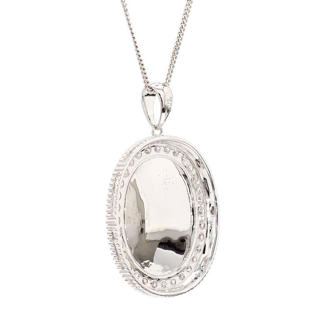 17.59 Carat White Opal & Diamond Halo Milgrain 18k White Gold Vintage Pendant For Sale - Image 4 of 9