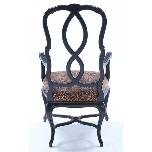 Wood Black Ebonzied French With Faux Leopard Upholstery Venetian Style Dining Chairs Possibly by Jansen For Sale - Image 7 of 7