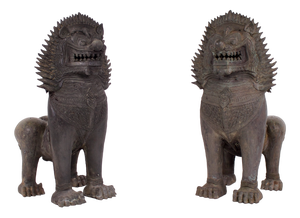 Early 20th Century Singha Temple Guardian Lions in Bronze, 1920s, Set of 2