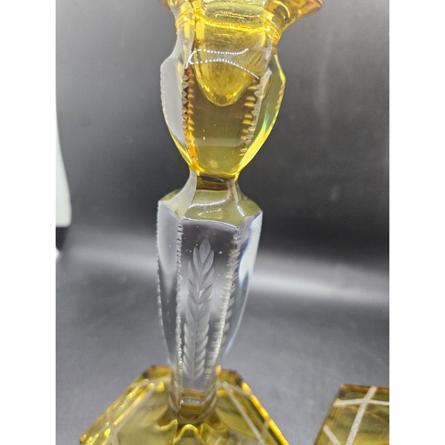 Art Deco Pair, Vintage Etched Yellow and Transparent Glass Candles Holders For Sale - Image 3 of 5