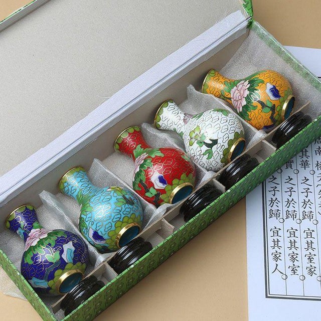 Metal Set of 5 Miniature Chinese Cloisonné Vases | Floral Motif With Wood Stands & Box For Sale - Image 7 of 8