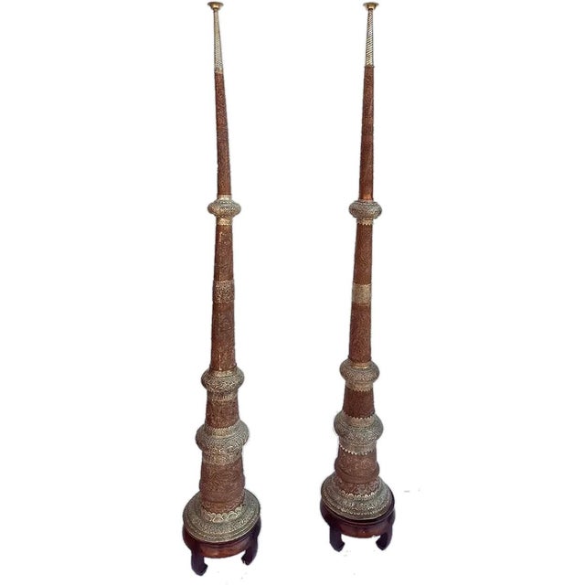 DETAILS This set of two very tall ceremonial telescopic metal musical horns or trumpets are traditionally used by Tibetan...