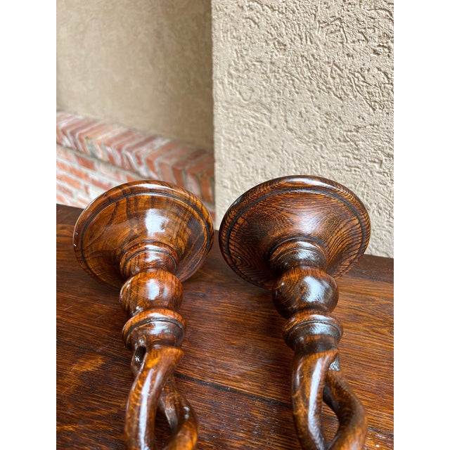 Antique English Oak Open Barley Twist Candlesticks Jacobean Pair C1860 12.5” For Sale - Image 18 of 18