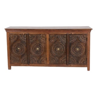 Antique Lotus Carved Sideboard – Two-Tone Vintage Wood Buffet Credenza For Sale