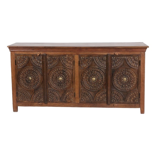 Antique Lotus Carved Sideboard – Two-Tone Vintage Wood Buffet Credenza For Sale