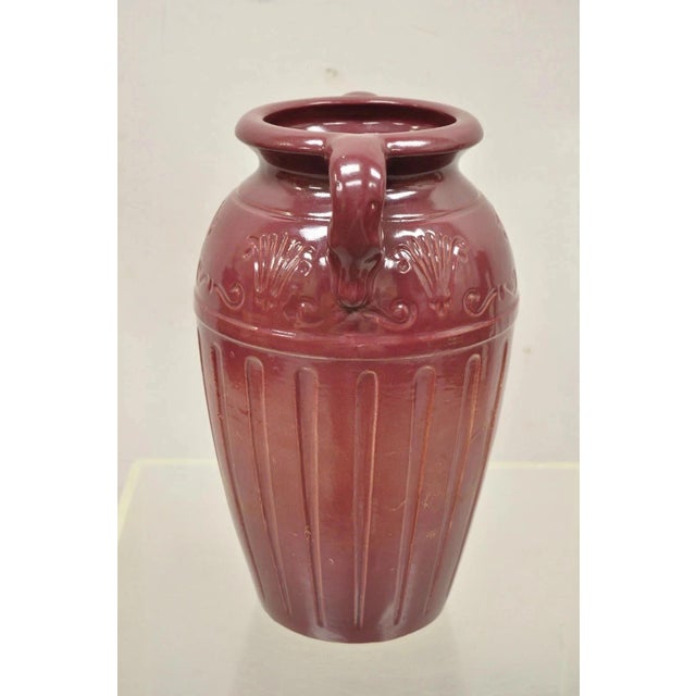 Antique r.r.p Co Roseville, Oh Red Stoneware Twin Handle 14" Red Jug Vase Vessel For Sale - Image 9 of 10