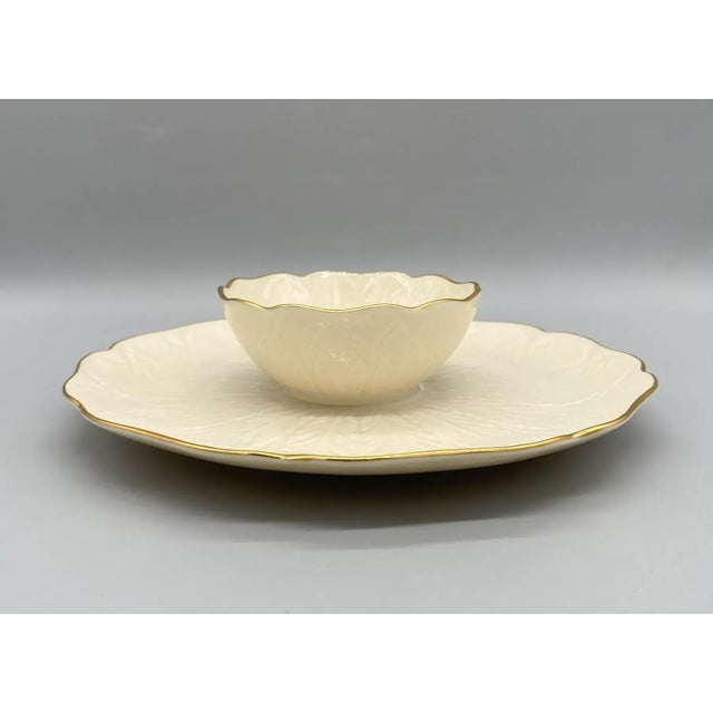 Mid-Century Modern Vintage Lenox Ivory & Gold One-Piece Chip and Dip Tray | Vegetable & Dip Serving Platter | Made in Usa For Sale - Image 3 of 10