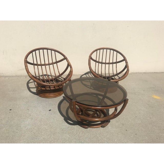 Vintage 60s Rattan Papasan Swivel Rocking Chairs Table Set Of 3 Chairish