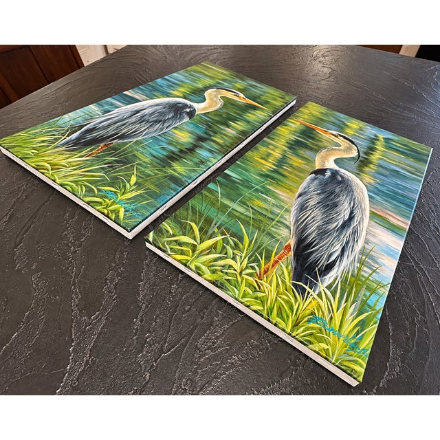 Great Blue Heron Coastal Paintings on Canvas – Pair 18 X 24" Each For Sale - Image 4 of 5