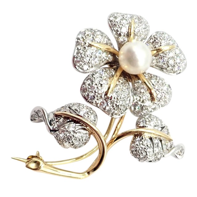 Vintage Tiffany & Co. Yellow Gold Platinum Diamond Pearl Pin Brooch For Sale - Image 9 of 12