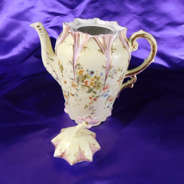 1930s Boho Chic Green and Purple Floral Teapot, Creamer, Milk Jug For Sale - Image 11 of 12