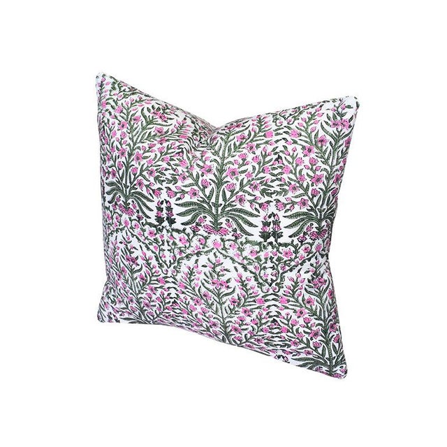 Indian Pink and Green Block Print Down Filled Pillows 20” X 20” - India For Sale - Image 3 of 6