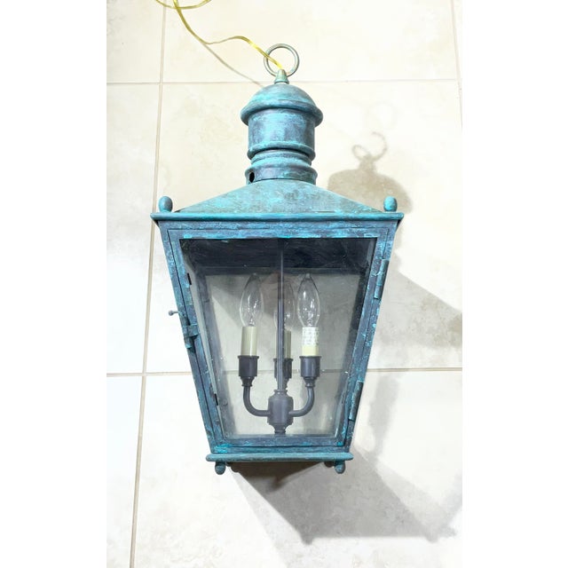 1980s Single Vintage Brass Hanging Lantern - 12”x 12”x 24” For Sale - Image 5 of 17