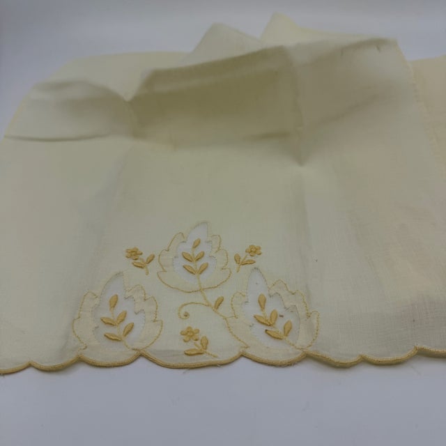 Pair Vintage Embroidered Pale Yellow Madeira Linen & Organza Fingertip Towels For Sale - Image 9 of 15