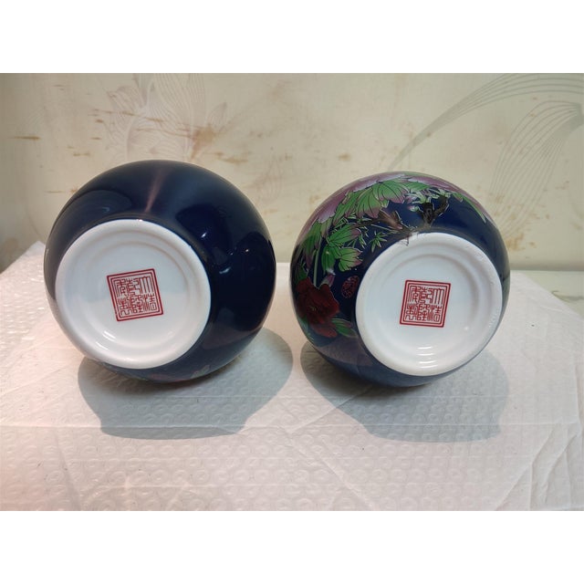 A Pair of Chinese Old Ceramic Vase,Qing Dynasty Qianlong Marked Blue Ground Famille Rose Porcelain Yuhuchun Vase Flowers and Birds Pattern For Sale In Seattle - Image 6 of 11