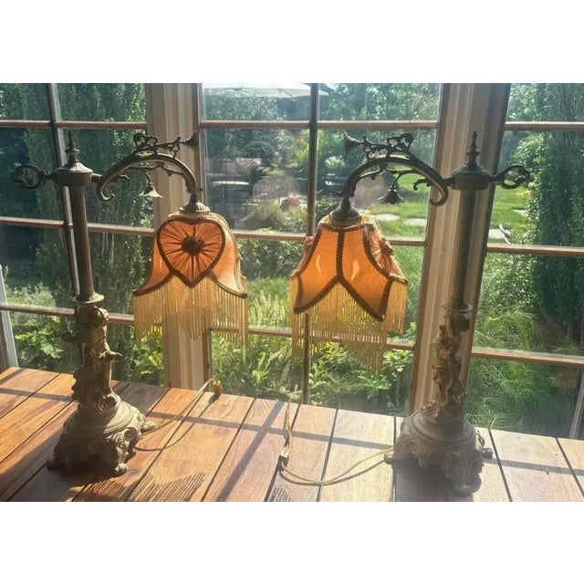 Pink Vintage Cherub Boudoir Lamp Pair — Rococo Revival Putti Bases W/ Fringe Shades For Sale - Image 8 of 10