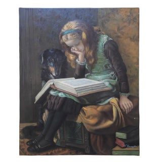 Mid-20th Century Signed T. Young - Young Girl Reading With Dog, Oil on Canvas For Sale