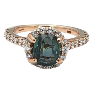 Bochic “Vintage” Fancy Blue Sapphire & Diamond 18K Rose Gold Halo Ring For Sale