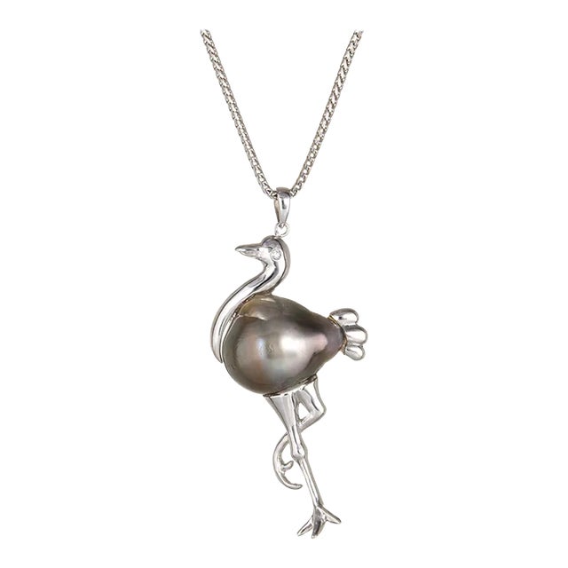 Stork Pendant & Necklace Baroque Pearl Diamond Vintage 14 Karat White Gold Bird For Sale