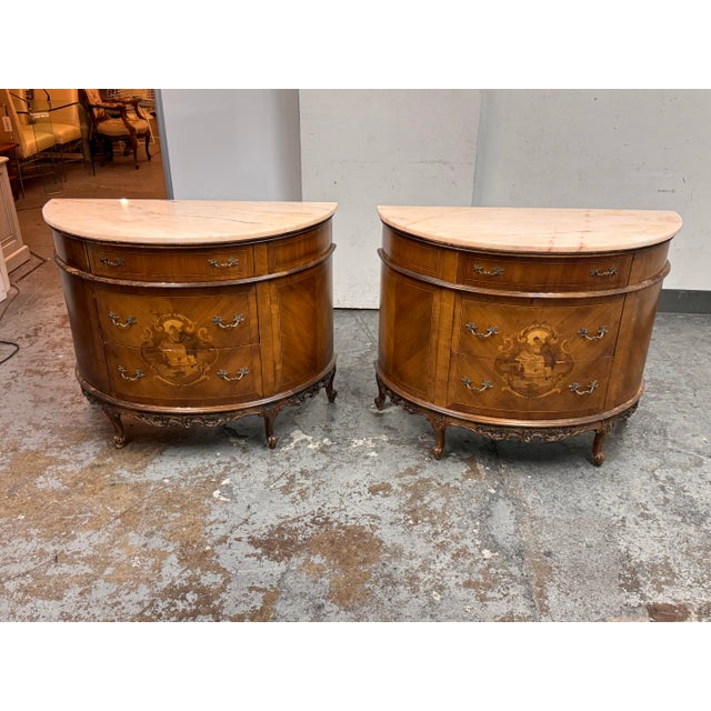 Brown Neoclassical Semicircular Demi-Lune Commodes, Pair, 19th Century For Sale - Image 8 of 12