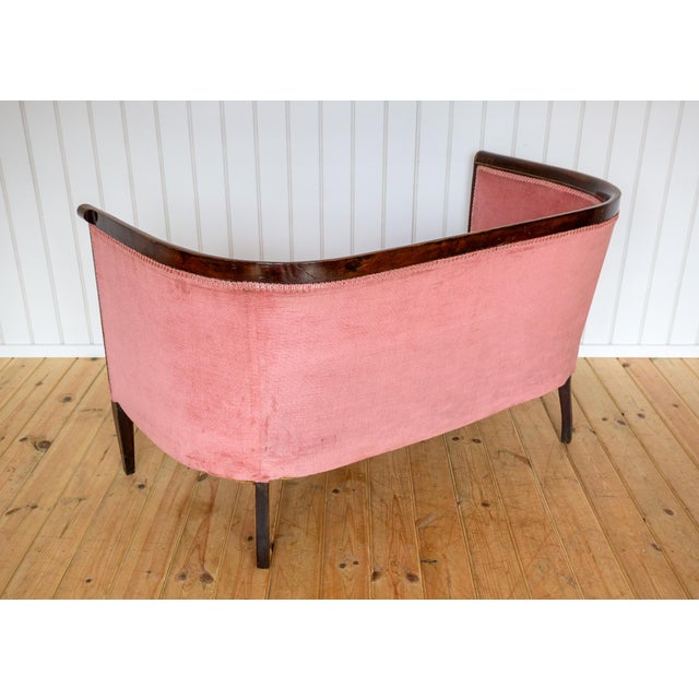 Antique Art Nouveau Edwardian Mahogany Barrel Back 2-Seater Settee Sofa, 1910s For Sale - Image 13 of 18