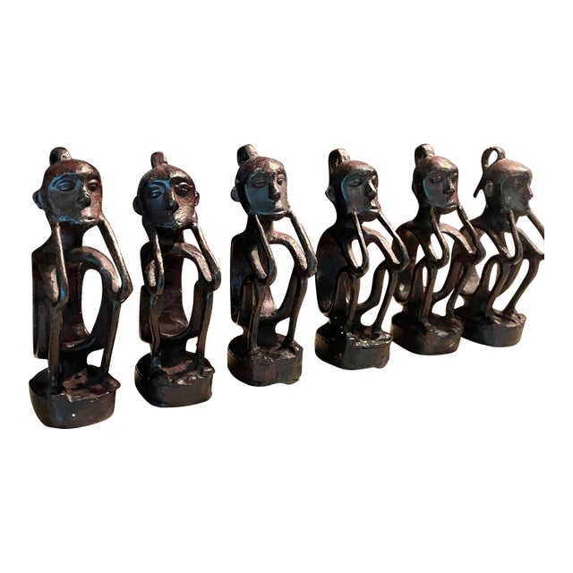 Set of 6 African Art Bronze Sitting Sculptures Napkin or Place Card Holders For Sale