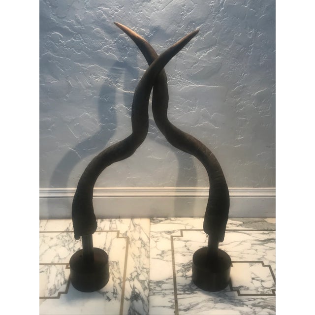Metal Vintage African Kudu Horn Sculpture on Steel Stand - a Pair For Sale - Image 7 of 8