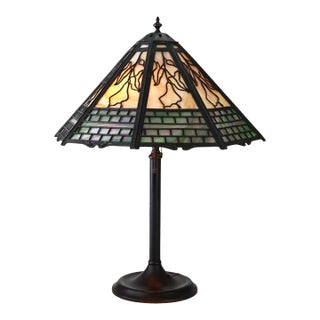 Antique Bradley & Hubbard Arts & Crafts 8-Panel 2-Tone Slag Glass Lamp C1920 For Sale