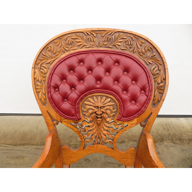 19th Century Antique Carved Oak Green Man Rocking Chair in Red Tufted Leather ~ Northwind Face For Sale - Image 5 of 17