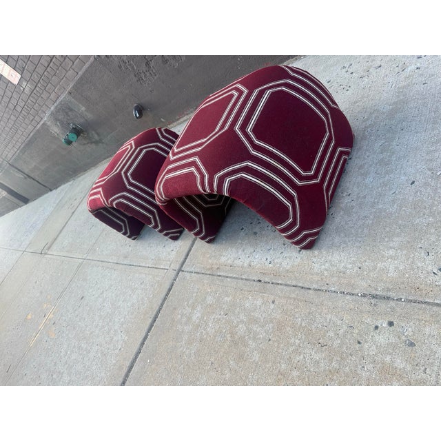 Karl Springer Late 20th Century Sculptural Waterfall Ottomans, Inspired by Karl Springer, in Rich Burgundy Designer Fabric - Set of 2 For Sale - Image 4 of 9