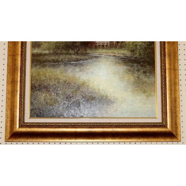 1980s Vintage House on the Lake Landscape Oil Painting Unsigned For Sale - Image 5 of 6