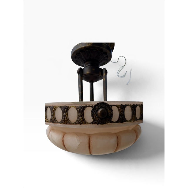 Rose Late 20th Century Art Deco Mariner s.a. Spanish Cast Brass & Molded Alabaster Glass Inverted Bowl Chandelier For Sale - Image 8 of 9