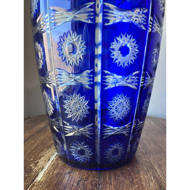 1960s 1960s Bohemian Cobalt Blue Cut Crystal Glass Vase 14”, Czech Crystal Vase For Sale - Image 5 of 10