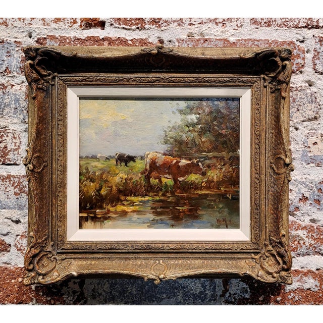 Cows at a watering Hole in a Farm Landscape-19th century Oil painting oil painting on panel - signed circa 1890s Panel...