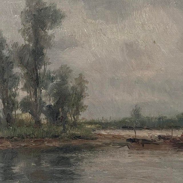 19th Century Belgian Oil on Canvas Painting of Riverboats by Romain Steppe in Original Gilt Frame For Sale - Image 13 of 16