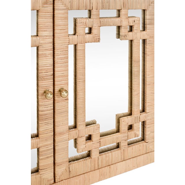 Worlds Away Matthew Izzo Home Granada Natural Wrapped Rattan Four Door Buffet With Mirrored Doors and Greek Key Design For Sale - Image 4 of 7