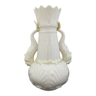 Belleek Double Dolphin Handle Luster Spill Vase 1965-1980 Green 6th Mark For Sale