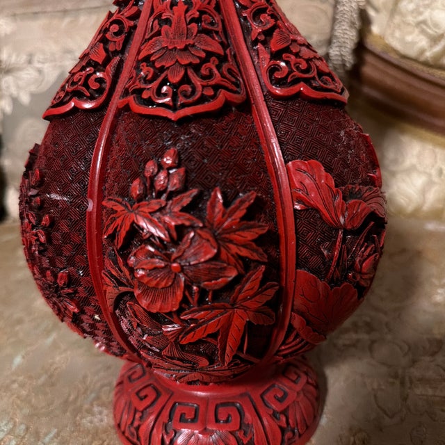Red Early 20th Century 12” Chinese Red Carved Lacquer-Style Vase – Floral & Pomegranate Design For Sale - Image 8 of 11
