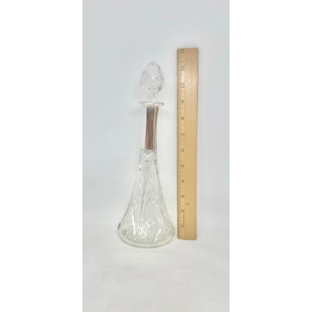 Mid 20th Century Cut Crystal Wine or Liquor 11 1/2 Decanter With Silver Metal Collar Diamond and Fan Cut Pattern For Sale - Image 10 of 12
