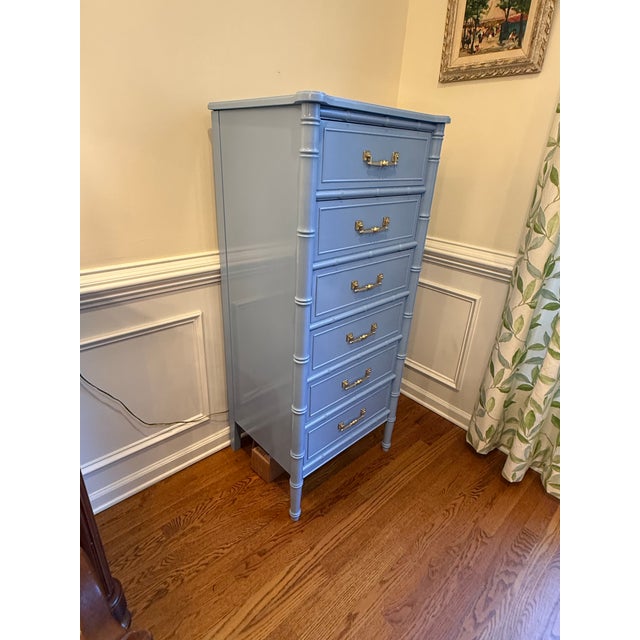 Hollywood Regency 1970s Henry Link Bali Hai Faux Bamboo Lingerie Chest in Custom High-Gloss Blue Lacquer For Sale - Image 3 of 9