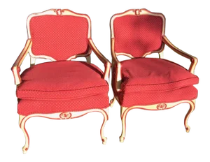 Carved French Red and Creamy Yellow Chairs- a Pair