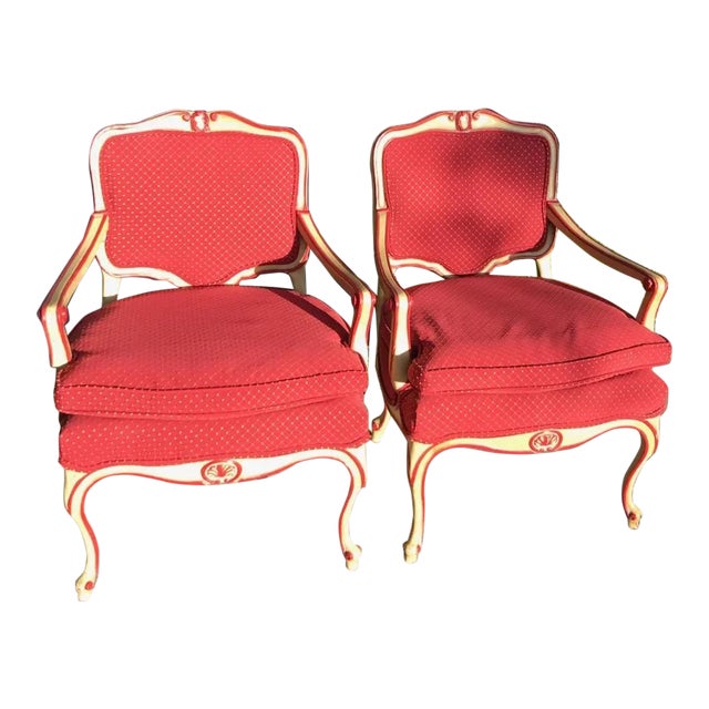 Meyer Gunther Martini Style Carved French Red and Creamy Yellow Chairs