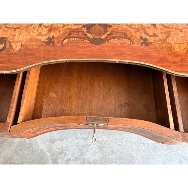1940s Louis XV Style Inlaid Writing Desk With Ormolu Mounts & Marquetry Top For Sale - Image 14 of 15
